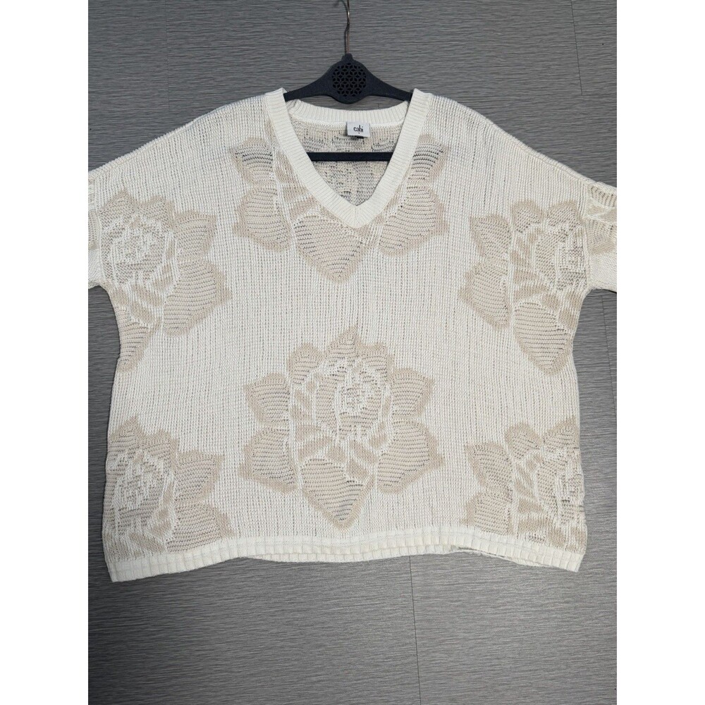 Cabi Women's Lotus Sweater Size S V-Neck Short Sleeve Knit Floral Beige White